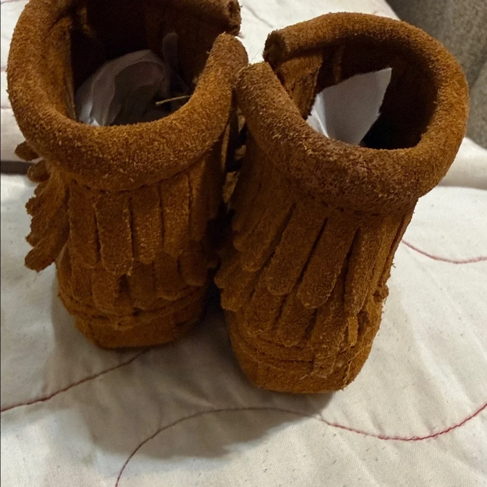 Minnetonka Tan Kids Moccasins with Fringe